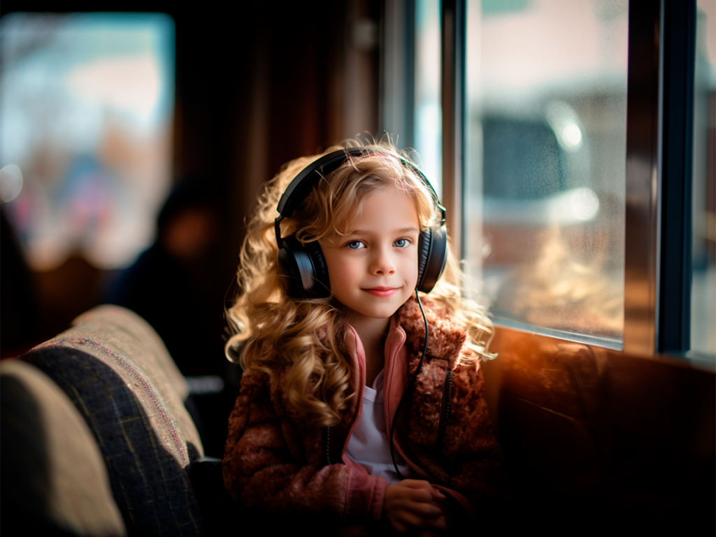 Tyttö kuuntelee musiikkia kuulokkeilla